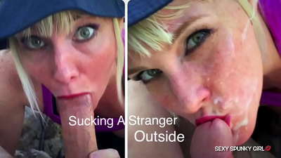 Ang maliputon nga asawa nadakpan ang usa ka estranghero nga nag-masturbate sa parke, dayon gisuso ang iyang titi: cum sa iyang nawong nga adunay cum sa dalan